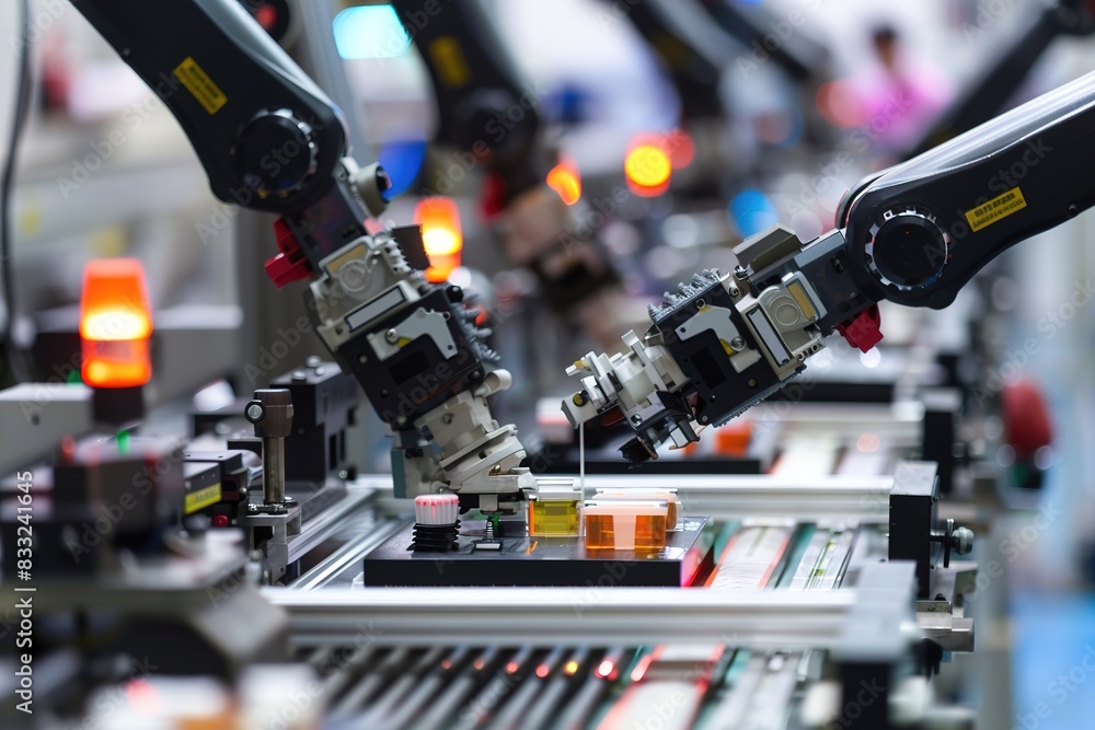 Aufkleber robotic arms in automated production line performing tasks.
