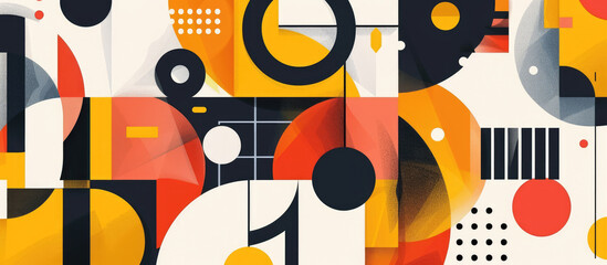 Flat illustration of Bauhaus style abstract shapes and patterns, featuring geometric elements such as circles, squares, triangles and lines in red, yellow and black