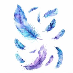 Watercolor painting of feathers gracefully falling from the sky, on isolated white background, Generative AI