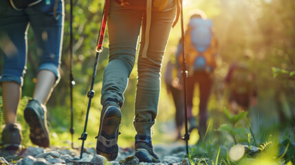 Close-up of the feet of travelers going hiking in the mountains. A group of people traveling in nature with hiking poles in their hands. Travel and adventure concept.