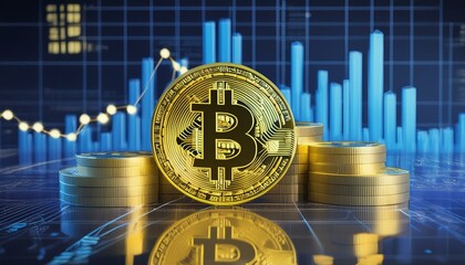 Bitcoin in front of Trading Charts - Blockchain Technology - Crypto Trading and Future Payment - Bull Market of Crypto and Bitcoin - Virtual Money on Blockchain Technology