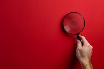 A human hand holding a magnifying glass against a solid red background with generous copy space