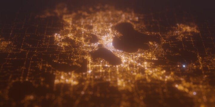 Street lights map of Madison (Wisconsin, USA) with tilt-shift effect, view from east. Imitation of macro shot with blurred background. 3d render, selective focus