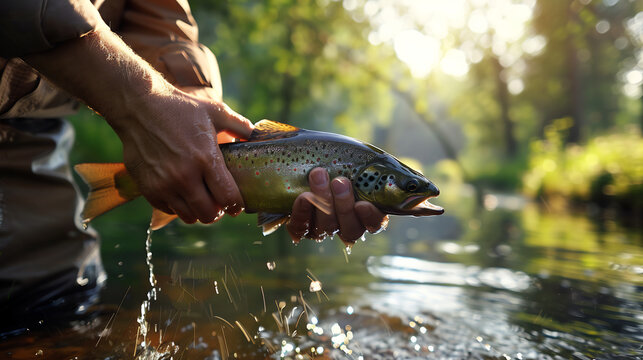 Hand holding freshly caught fish in a sparkling stream, golden sunlight reflecting off the water, serene nature scene