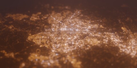 Street lights map of Johannesburg (South Africa) with tilt-shift effect, view from east. Imitation of macro shot with blurred background. 3d render, selective focus