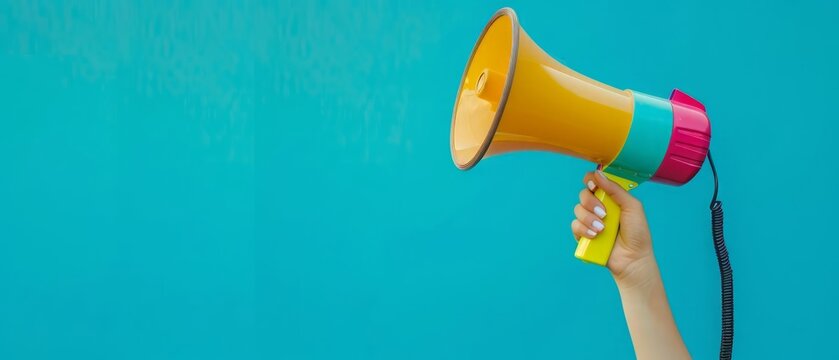 A human hand holding a vibrant megaphone against a solid blue backdrop with ample copy space