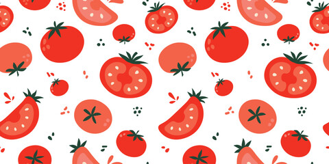 Tomato vector seamless pattern. Flat tomatoes on white background. Natural red tomato vector design for fabric, paper, wallpaper, cover, interior decor, and other use. Vegetables vector illustration