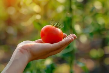 A human hand presenting a ripe tomato in a vibrant garden with a blurred, natural background