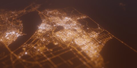 Street lights map of Almere (Netherlands) with tilt-shift effect, view from east. Imitation of macro shot with blurred background. 3d render, selective focus