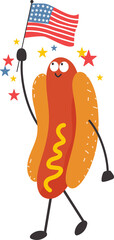 Happy hot dog mascot celebrating 4th of July waving an american flag