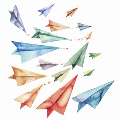 Watercolor painting of paper airplanes soaring through the air, gracefully gliding before falling to the ground, on isolated white background, Generative AI