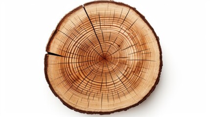 smooth cross section brown tree stump slice with age rings cut fresh from the forest with wood grain isolated on white background. Top view