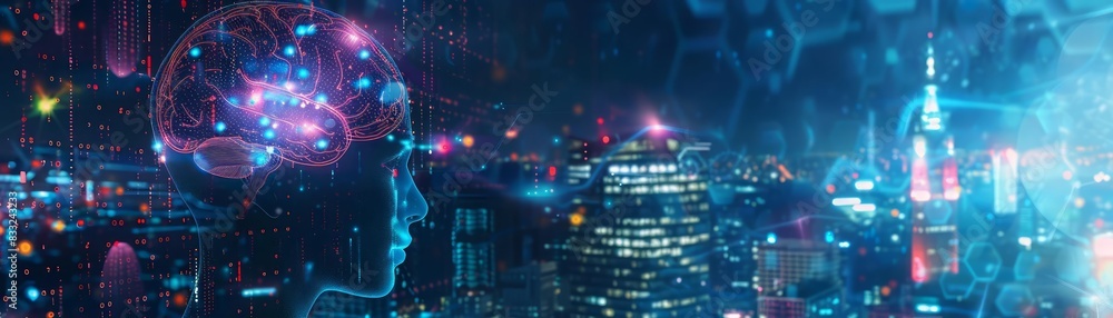 Poster a profile of a human head with a holographic brain displaying intricate digital patterns and lights 
