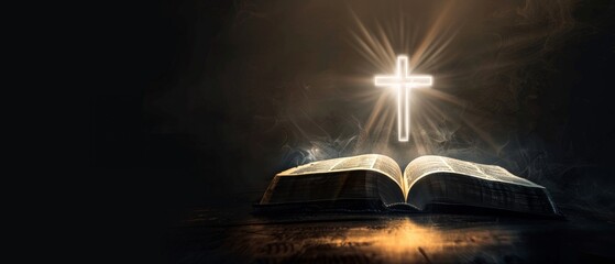 Opened Holy Bible on dark background with glowing white cross floating above centerfold. Christian banner with copy space