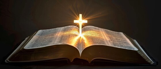 Opened Holy Bible on dark background with glowing cross at centerfold. Christian banner with copy space