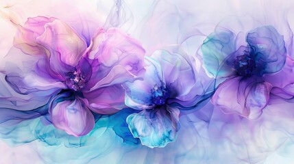 Abstract Blue and Purple Flower Painting Wallpaper, floral mural in the style of hibiscus flower pattern, 3D floral art background, paint swirls, watercolor painting, Generative AI