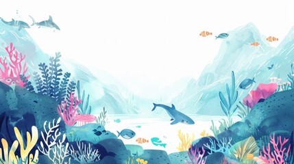 Colorful underwater scene with various sea creatures, including fish, coral reefs, and a shark, set in an oceanic landscape.