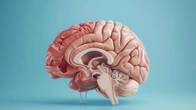 Detailed anatomical model of the human brain against a blue background, showcasing brain anatomy and neural structures.