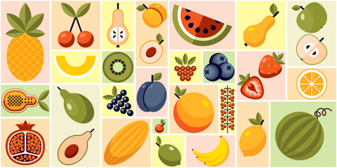 Abstract geometric mosaic fruit pattern. Retro vintage summer dessert collection with apple melon strawberry blueberry peach orange in geometric collage background. Fruits and berries from the garden.