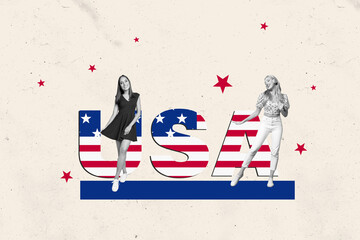 Composite collage image nice party girls celebrate national independence america day fourth july...