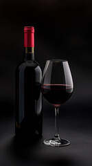 Glass with red wine and bottle next to it on a black background