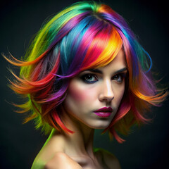 Fototapeta premium Portrait of a woman with vibrant rainbow-colored hair on a dark background