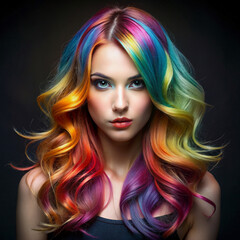 Fototapeta premium Portrait of a woman with vibrant rainbow-colored hair on a dark background