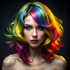Fototapeta premium Portrait of a woman with vibrant rainbow-colored hair on a dark background