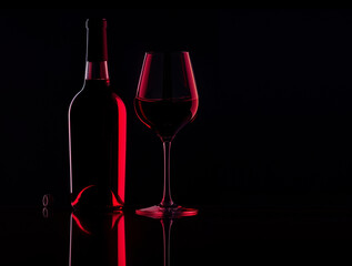 Glass with red wine and bottle next to it on a black background