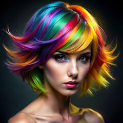 Fototapeta premium Portrait of a woman with vibrant rainbow-colored hair on a dark background