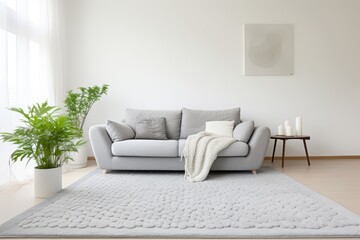 A knitted rug in a modern minimalist living room