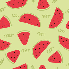 Watermelon slices seamless pattern. Flat watermelon fruit seamless pattern. Vector repeat background with watermelon slices for fabric, paper, wallpaper, cover, interior decoration, and other use.