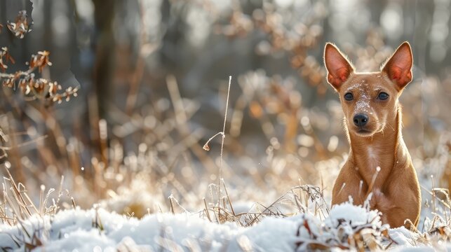 Small Podenco Maneto with excess weight in a park during the winter period