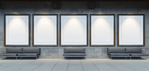 Triptych empty picture frames in a modern museum display, artistic and creative format.