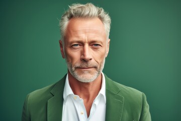 A man with a seductive expression, aged 45 and older, against a light green backdrop