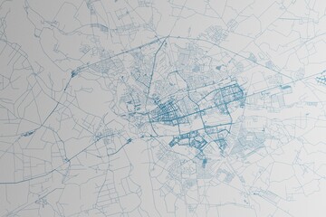 Map of the streets of Brest (Belarus) made with blue lines on white paper. 3d render, illustration