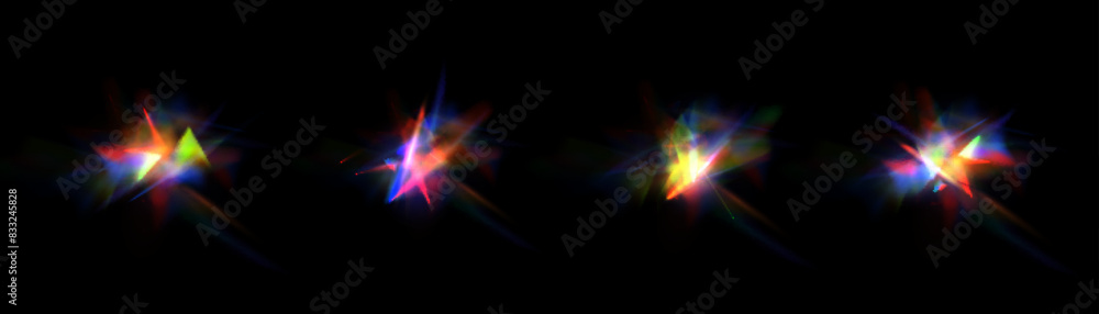 Poster rainbow light rays, lens flare, reflection effect from crystal, glass or gem. vector realistic illus