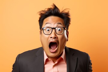 Middle-aged man, aged 40-45, of Asian descent, with a startled expression on a light peach background