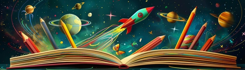 An illustration of a whimsical open book with cartoonish pencils and crayons turning into rockets