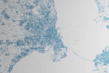 Map of the streets of Copenhagen (Denmark) made with blue lines on white paper. 3d render, illustration