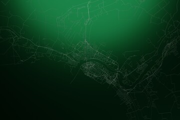 Street map of Parnu (Estonia) engraved on green metal background. Light is coming from top. 3d render, illustration