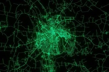 Map of the streets of Tartu (Estonia) made with green illumination and glow effect. Top view on roads network. 3d render, illustration