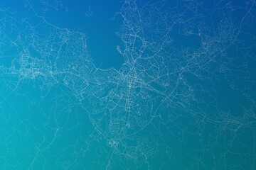 Map of the streets of Lahti (Finland) made with white lines on greenish blue gradient background. 3d render, illustration