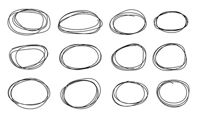 Hand drawn circle line sketch. circular scribble doodle round circles for message note mark design element with collection of different brush drawn black circles. Marker round elements with artboard.