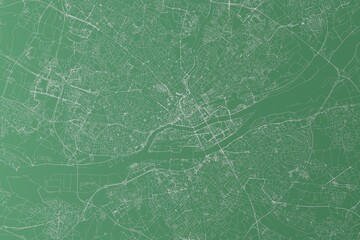 Stylized map of the streets of Nantes (France) made with white lines on green background. Top view. 3d render, illustration