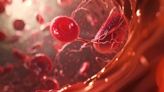 microbiology, Fat hyperlipidemia or arteriosclerosis hemoglobin red blood vessel cell micro microscope inside interior human body. Embolism and cholesterol and intestinal tumors
