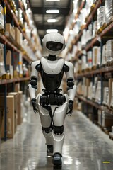 Fototapeta premium A humanoid robot navigates a storage facility