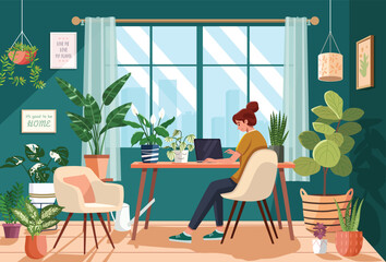 Fototapeta premium Woman Working from Home in Plant-Filled Room (Flat Design Illustration)