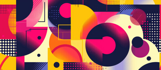 Vibrant and colorful abstract illustrations featuring geometric shapes in bold, contrasting colors such as yellow, purple and pink