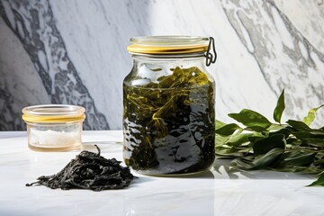 A dried kelp seaweed in a glass jar and scattered on a marble countertop